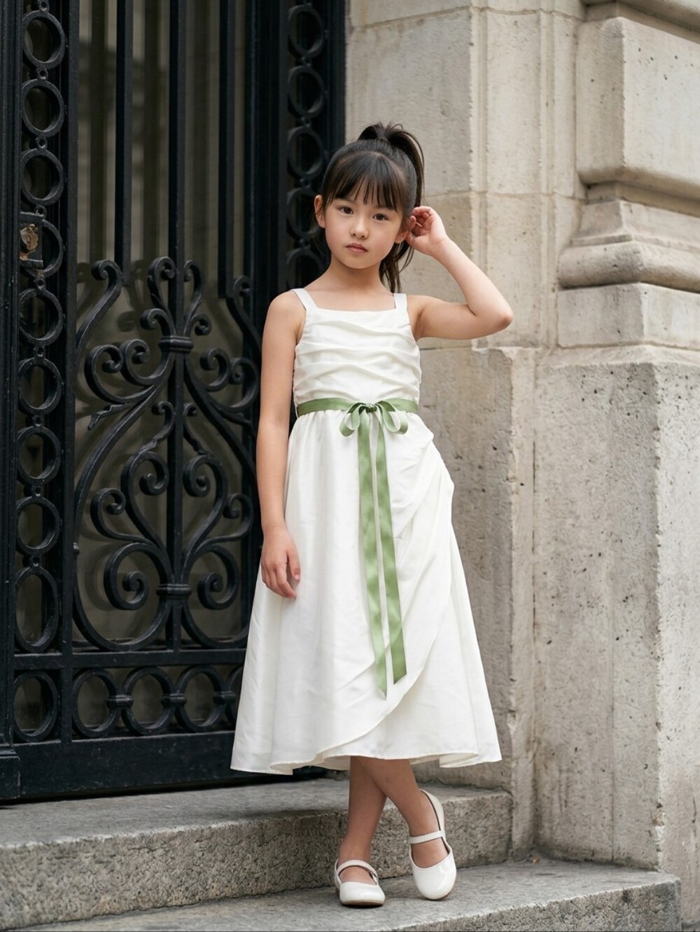 Rosebuds Flowergirl Dress Removable Sage Green Sash Sz 6